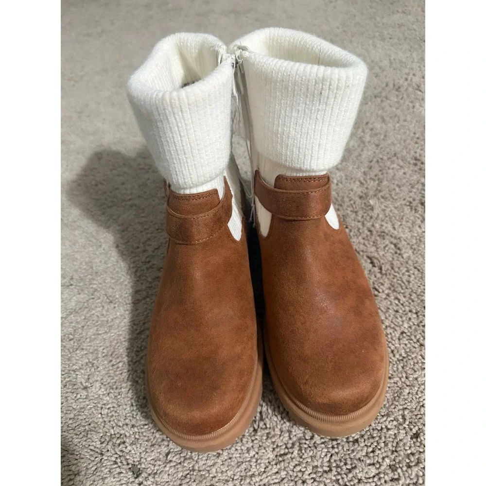 Girls Brown Faux Suede Ankle Boots Ribbed Knit Collar Buckle Strap Size 4